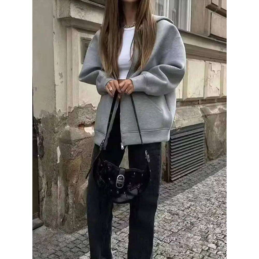 HH Autumn Women Gray With Hood Long Sleeve Big Pocket Zipper Jacket Woman Loose Casual Outerwear Coat Tops