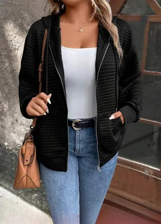 Plus size European and American crossborder autumn casual solid color pocket zipper hooded jacket 250930