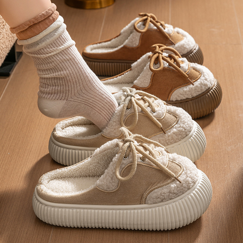 Korean Style Thick-Soled Winter 2025 New Plush Half for Women Outdoor Lace-Up Closed-Toe Cotton Slippers ddmymarket