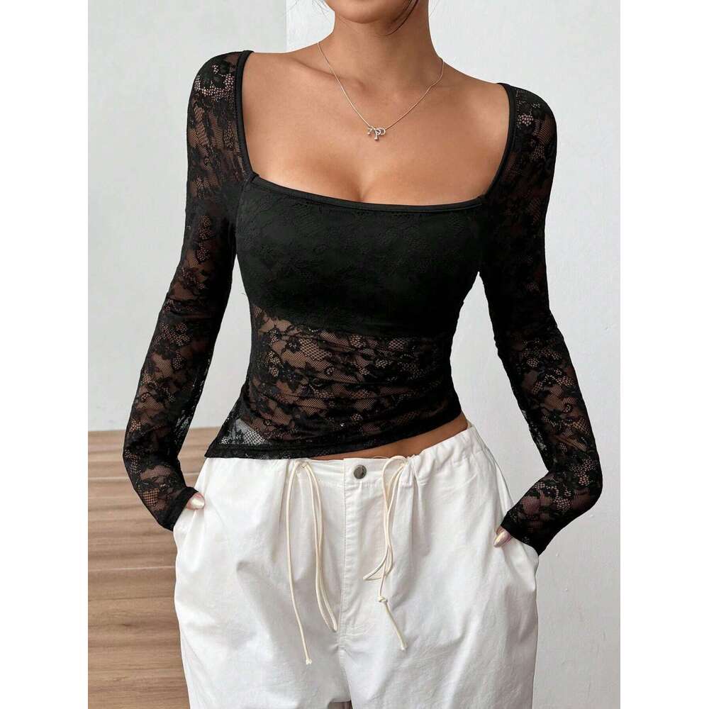 2025 New Elegant Women's Lace U-shaped Neck Asymmetric Hem Design Long Sleeve T-shirt Top for Women