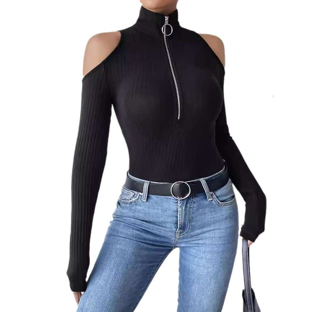 2025 Elegant Women's Solid Color Ribbed Zipper Stand Collar Off-Shoulder Long Sleeve T-Shirt Slimming Top