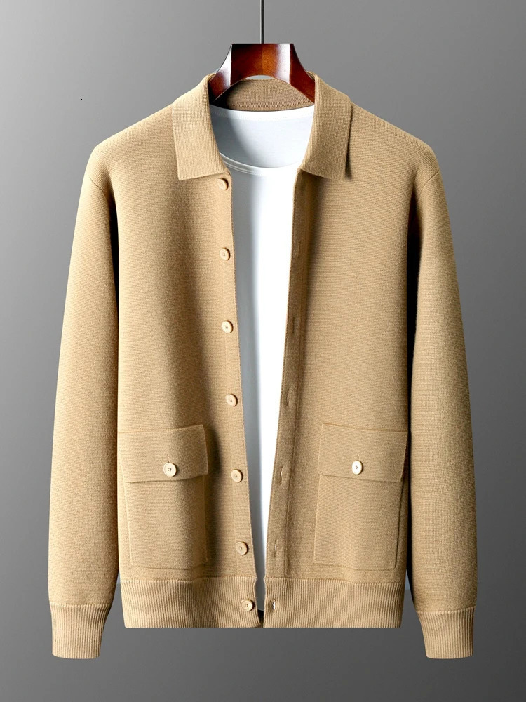 Autumn Winter Mens Sweater Cardigan 100 Merino Wool Knitwear Polo Collar Coat Button Pockets Cashmere Comfortable Clothing Top 250929