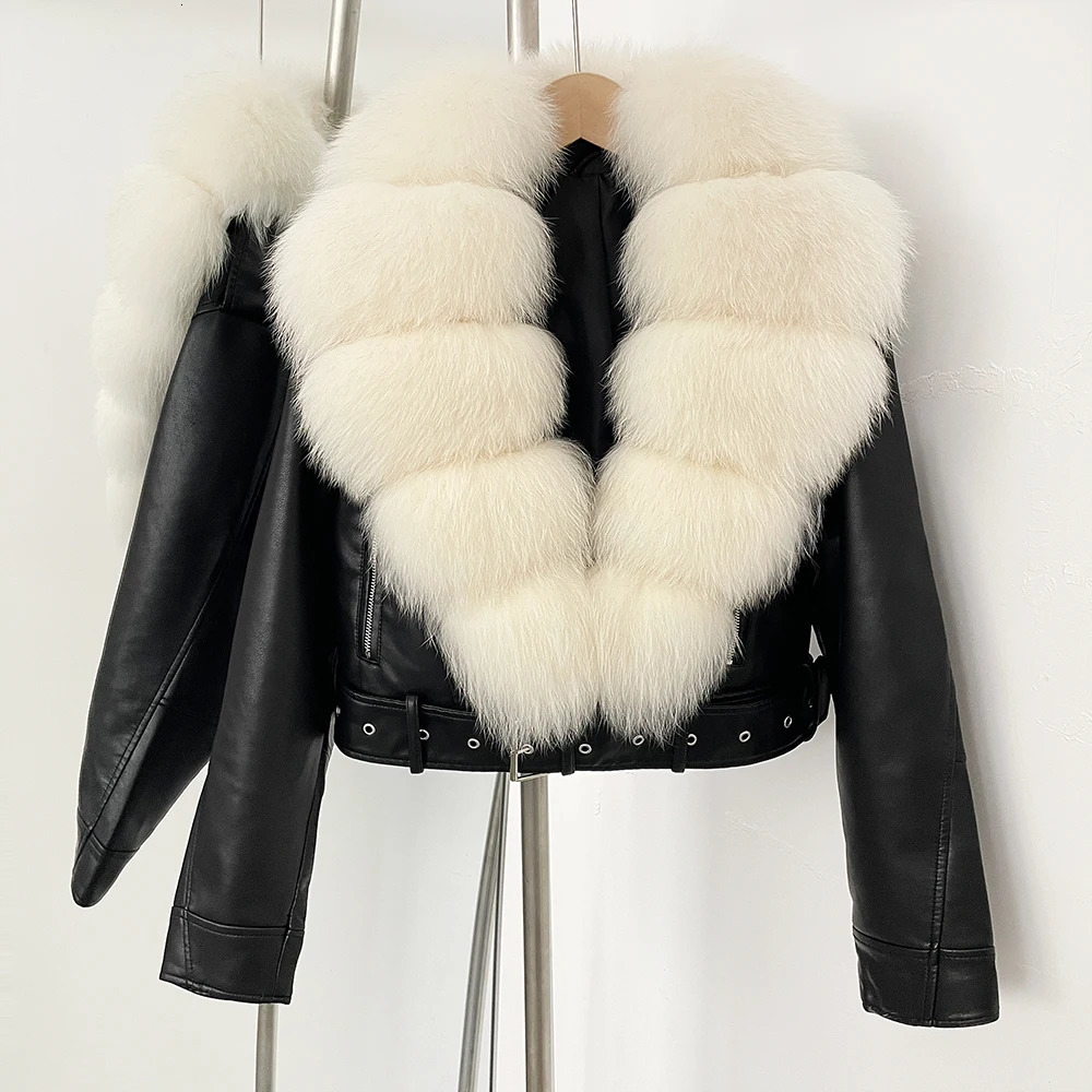 OFTBUY Natural Fur Faux Leather Jacket Female Autumn Short Top Clothing Women Long Sleeve Real Coat 250930