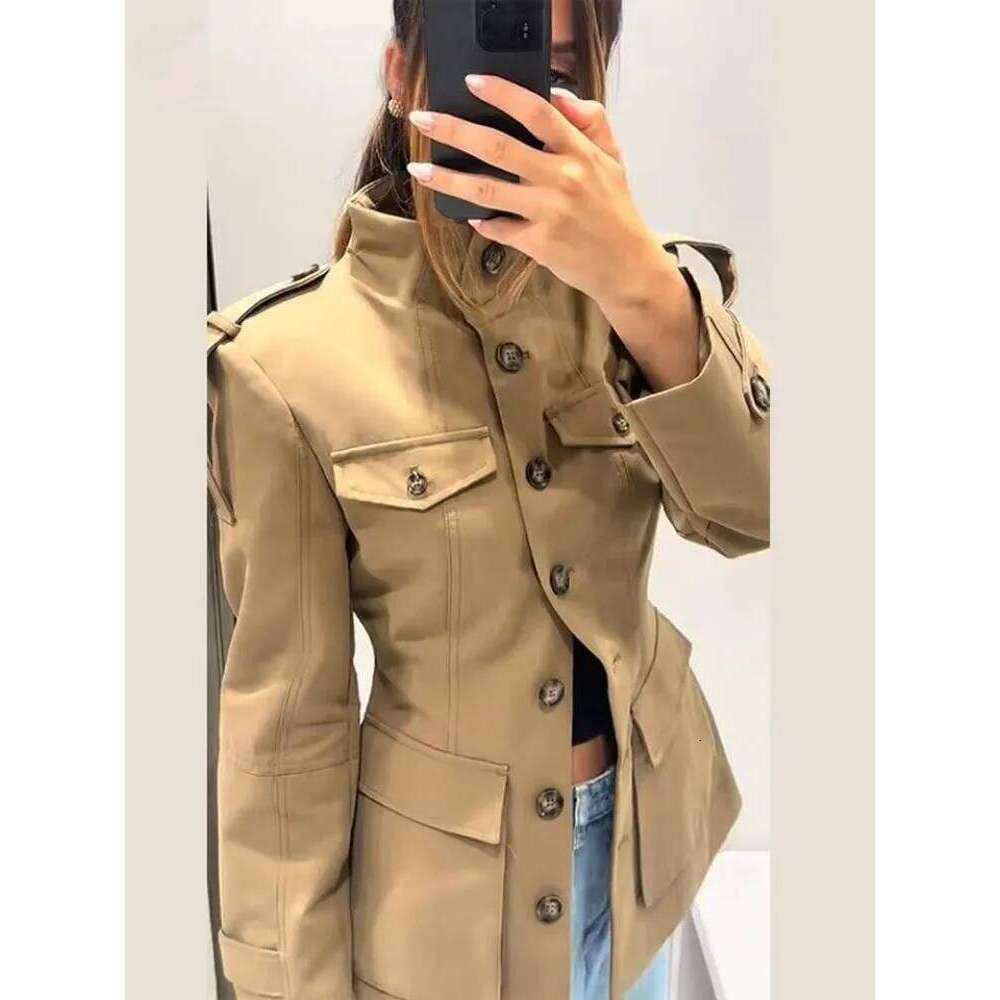 Tidalyf 2025 New Women Casual Jacket High Neck Single Button Shoulder Cuff Strap Pocket Design Chic Fashion Autumn