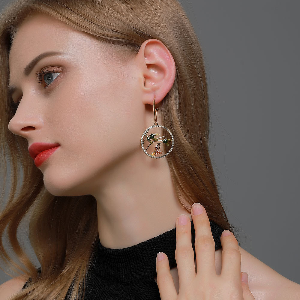 National Alloy Inlaid Dia Branch Bird High-End New Chinese Style Round for Women Simple Drop Earrings Jewelry