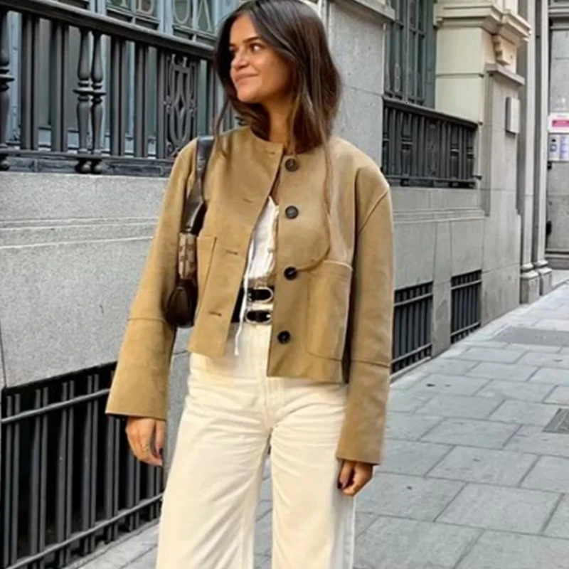 HXAO DemiSeason Suede Jacket Women Cropped Coat Autumn Faux Bomber Outerwear Button Elegant Short 250930
