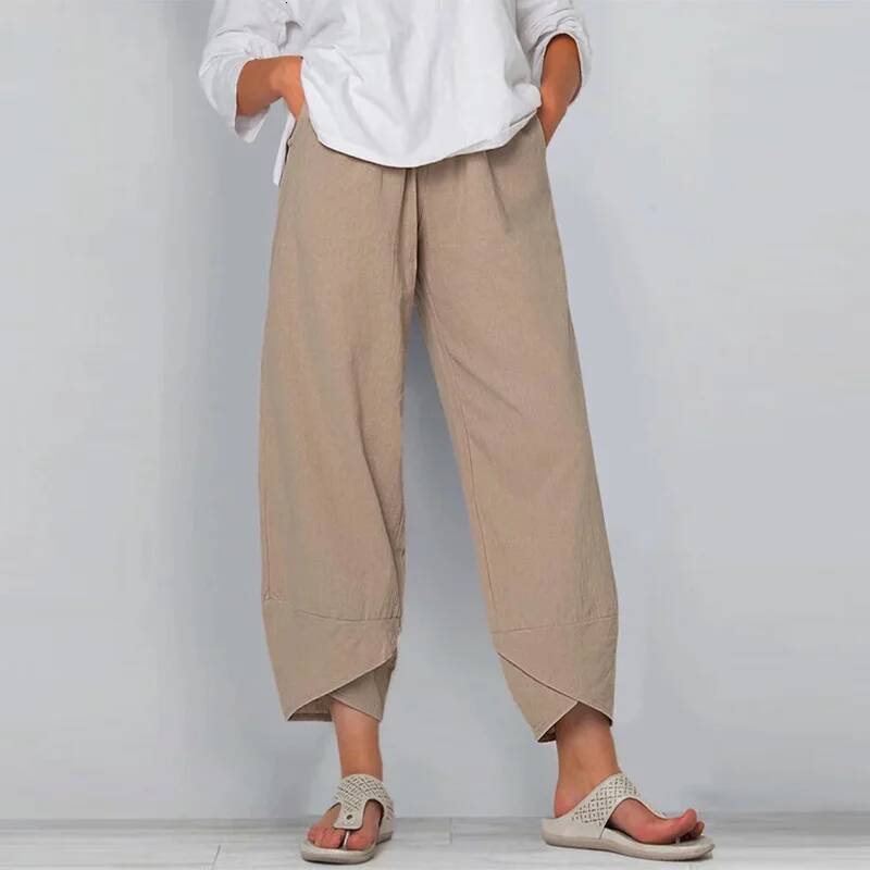 Vintage Print Women Pants Fashion Irregular Casual High Elastic Waist Straight Loose Trousers Summer Lady Cargo Pantalon dongdumaoyi
