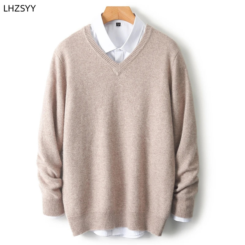 LHZSYY Mens VNeck Cashmere Sweater 23Autumn Winter Thick Solid Pullovers Loose Knit Base Shirt Business Casual Jacket Tops 250929