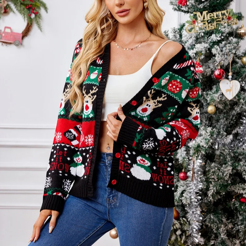 Merry Xmas Holiday Look Womens Knitted Sweater Cartoon Print Full Sleeve Christmas Cardigans Knitwear Warm Soft Jacket Coat Top 250930