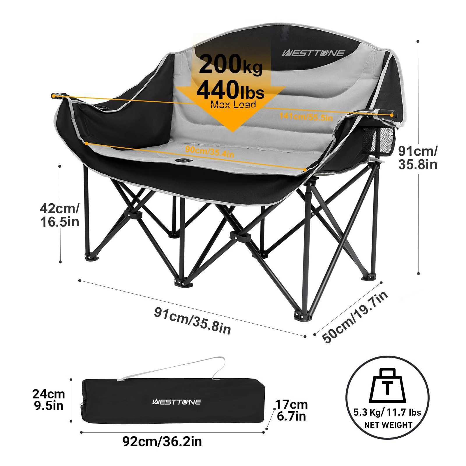 WESTTUNE Oversized Outdoor Couch Double Camping Chair Heavy Duty Outdoor Garden Folding Chair with Cup Holder Support 440 lbs J250930