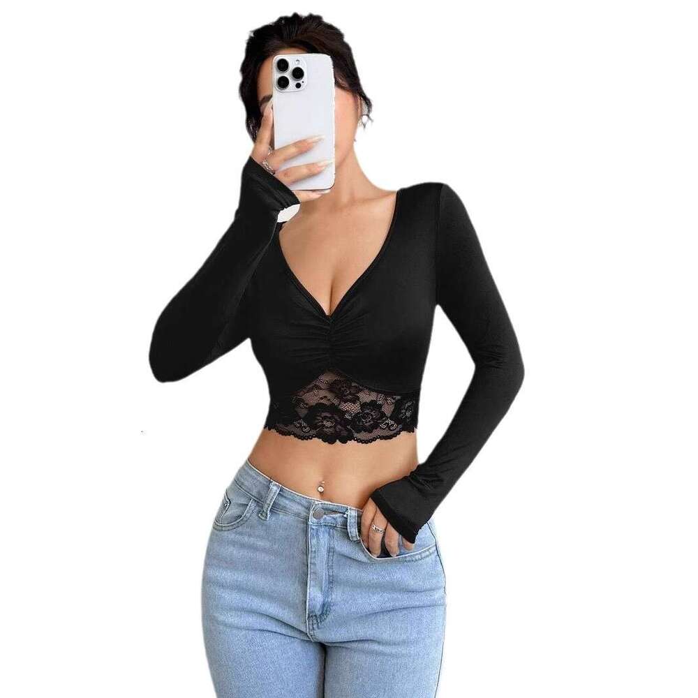 2025 New Women's Deep V-neck Long Sleeve Lace Patchwork Ruched Short T-shirt Top