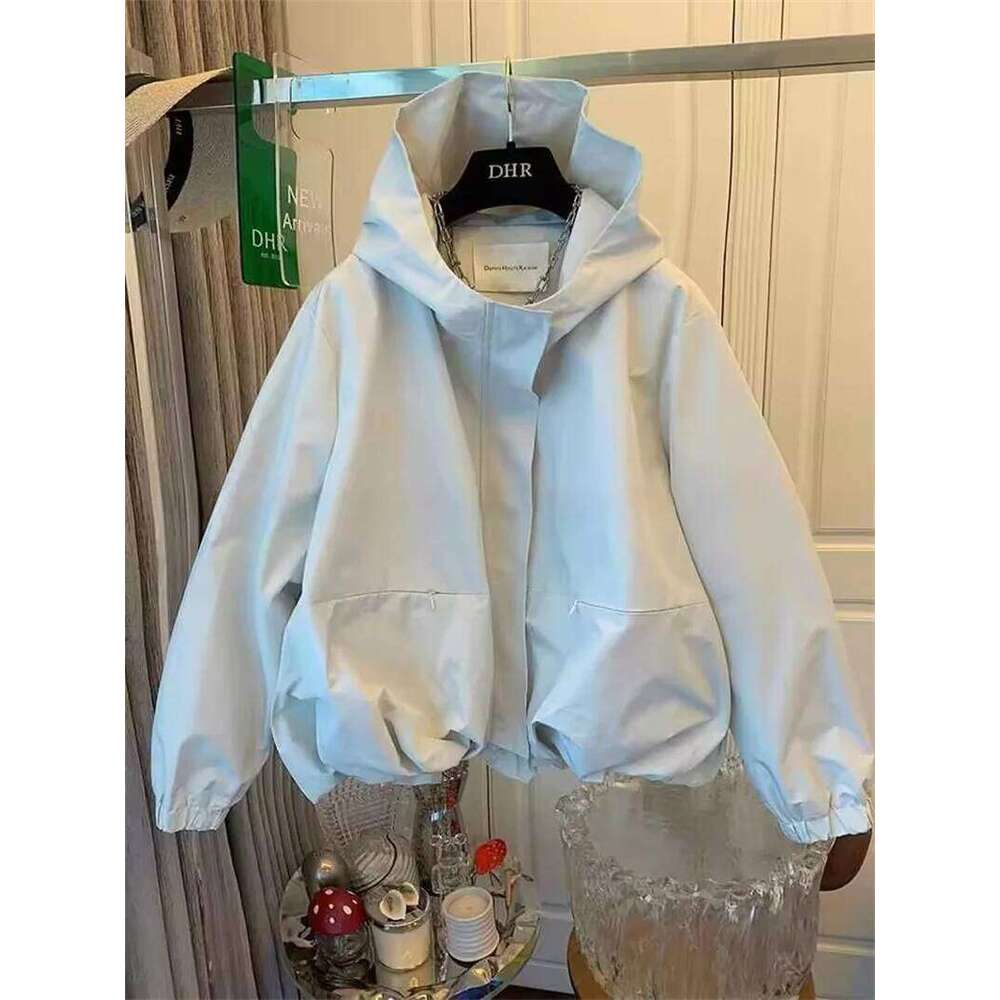 Unique Women Spring Autumn Hooded Short Jacket Casual Drawstring Pocket Windbreaker Loose Zipper Basic Coat