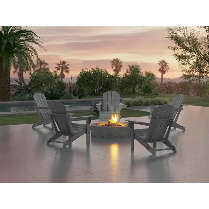 Folding Adirondack Chair Wood Texture Patio Chair Weather Resistant Plastic Fire Pit Chair with Cup Holder for Lawn Ou J250930