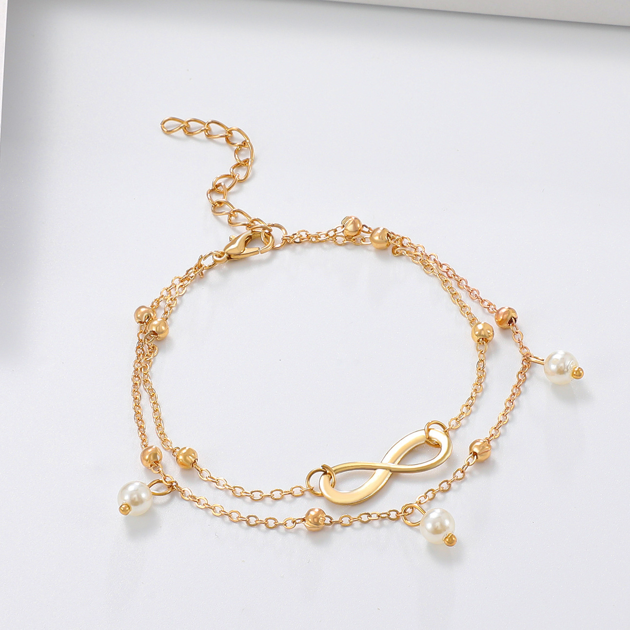 Fashion Hot-Selling Pearl Figure-8 Anklet Women Handmade Beaded Double Chain Accessories Beach Foot Jewelry
