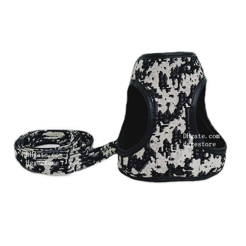 Designer Dog Harness Leash Set with Jacquard Letter Pattern No Pull Dog Harness Vest for Small and Medium Dogs, Easy Walk Soft Step in Escape Proof Harness XL Black B191