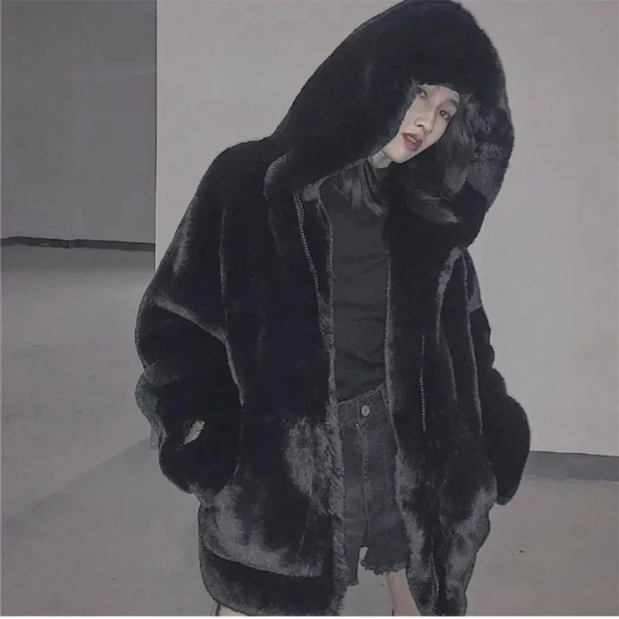 Snow Wear Hooded Faux Fur Jacket Casual Thick Short Rabbit Plush Coats Warm Winter Cotton Lined Furry Casaco A924 250930