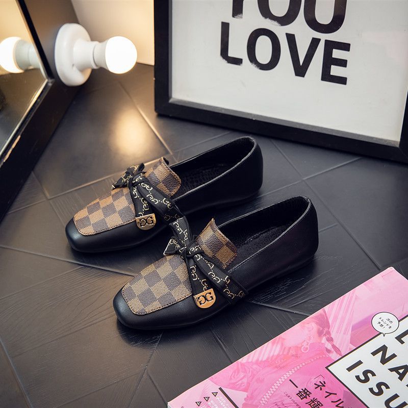 Free Shipping Casual Fashion Womens Shoes Autumn Designer New Bow Square Toe Flat Shoes Soft Sole Comfort Versatile Dress Shoes Size 35 to 40 Brown Bl