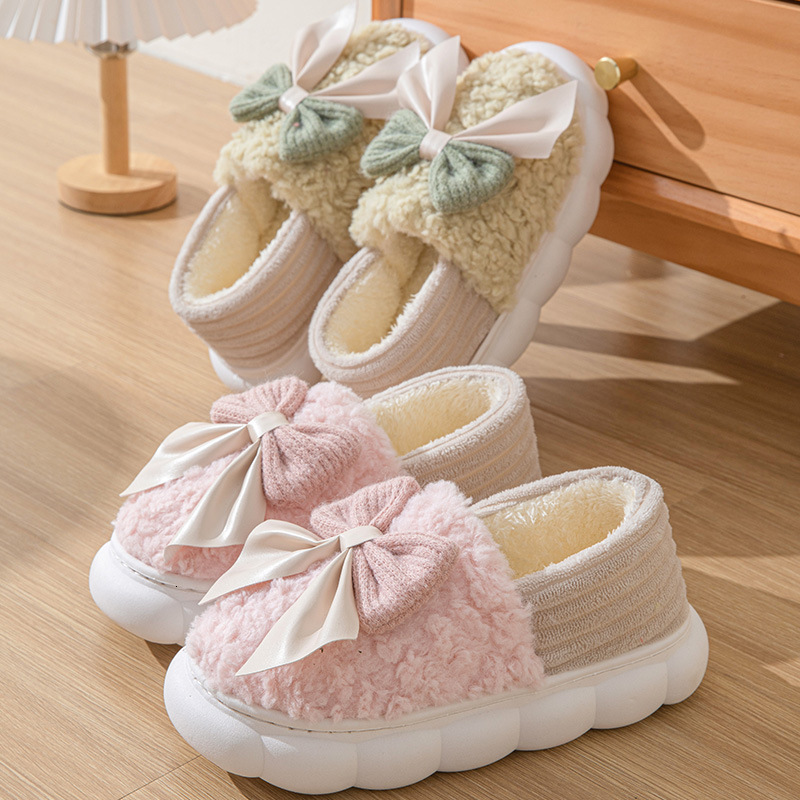 New Bowknot Heel Slippers Women, Thick Sole, Autumn and Winter Home Warm Maternity Shoes, Non-Slip Outdoor Cotton Shoes for Women ddmymarket