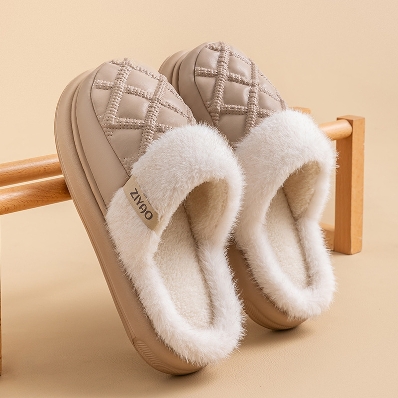 PU Leather Waterproof Cotton Women Winter Warm 2025 New Thick Sole Silent Non-Slip Plush Slippers for Men ddmymarket