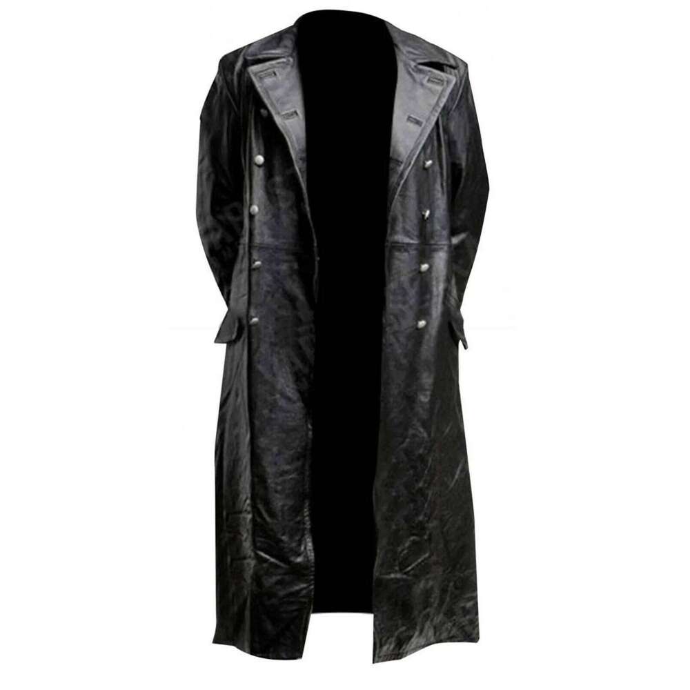Men's GERMAN CLASSIC Ww2 MILITARY UNIFORM OFFICER BLACK LEATHER TRENCH COAT