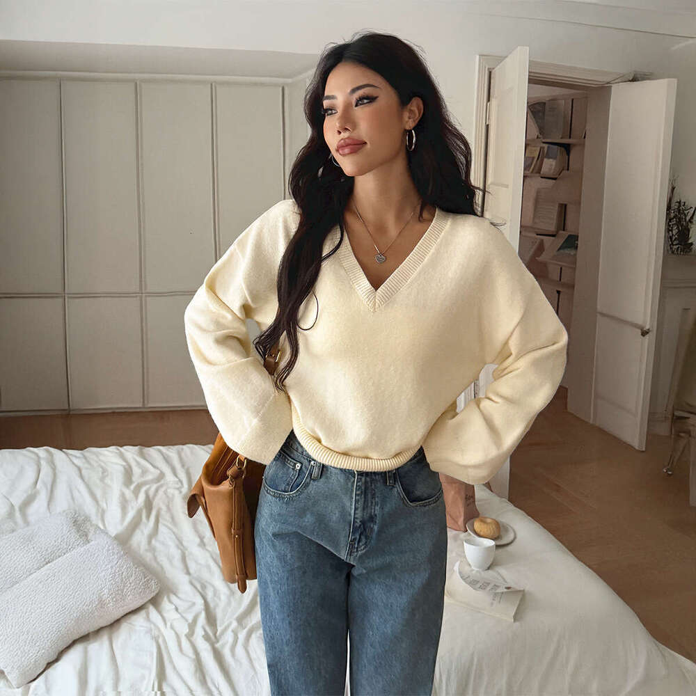 Y2K Hot Girl Style V-Neck Solid Color Long Sleeve Sweater Knitted Women's Clothing 2025 Autumn Winter