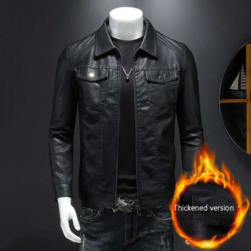 Men's Lapel Jacket Autumn Oversized Slim Motorcycle Riding Suit Winter Thickened PU Leather Waterproof Work Clothes