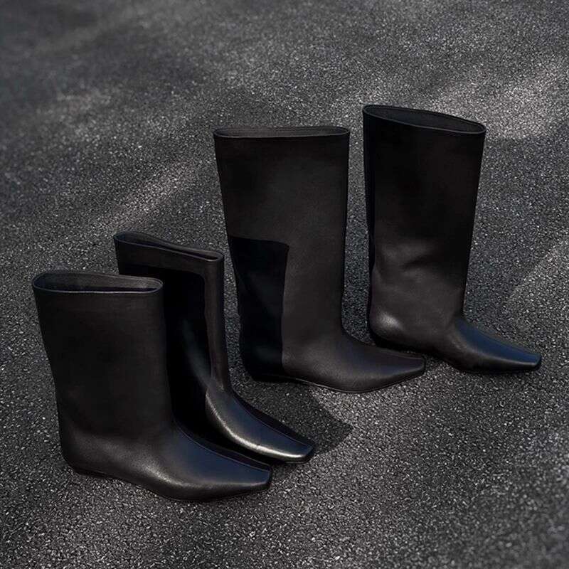 2025 Autumn Winter New Korean Fashion Simple Square Toe Versatile heelegant Low heel Riding Women's Mid-Calf Boots