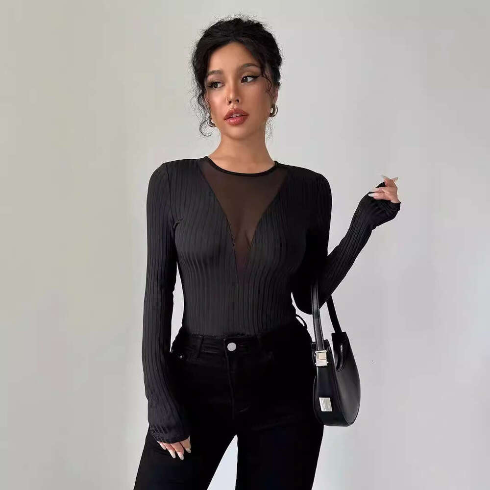 2025 New Women's Sexy Front Chest Mesh Patchwork Hollow Out Solid Color Long Sleeve T-Shirt Slimming Top
