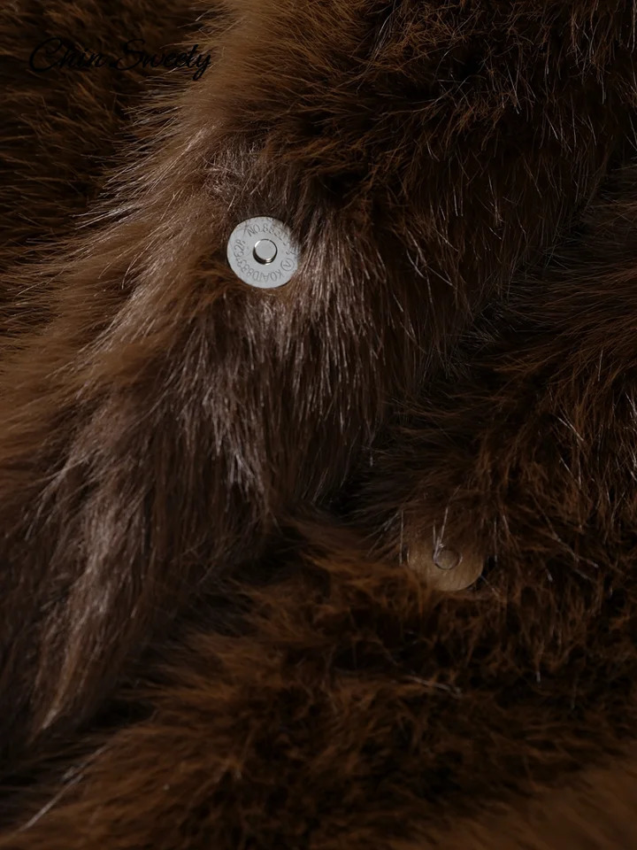 Womens Brown Faux Fur Coat Lapel MidLength Loose Plush Furry Buckle Overcoat Winter Lady Thick Warm Outwear 250930