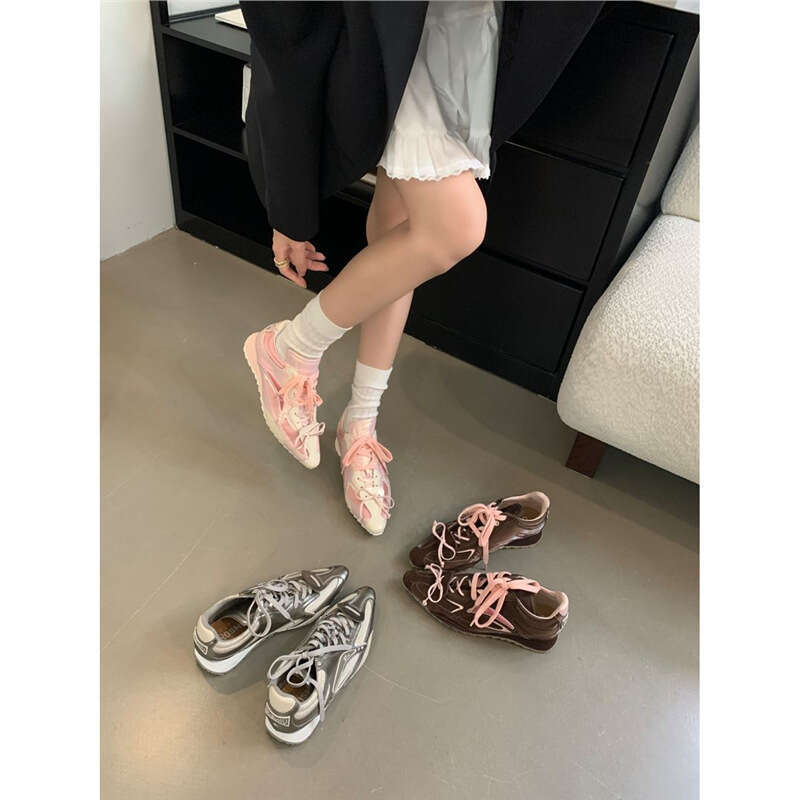 Niche Pointed Toe for Women 2025 Autumn Winter New German Training silver Lace-up Flat Versatile Casual Sports Shoes