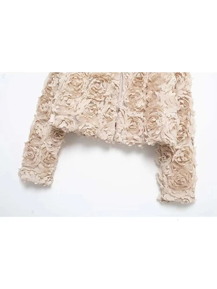 2025 Autumn Women Jacket Short Casual Textured Flower Elegant Fashion Long Sleeve Streetwear Outerwear 250930