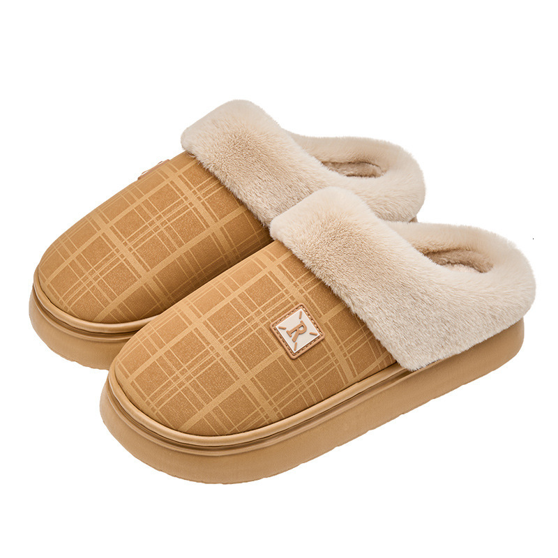 PU Leather Waterproof Women, Autumn and Winter 2025 New Style, Home Warm Comfortable Non-Slip Thick Sole Cotton Slippers for Men, Outdoor Wear ddmymar