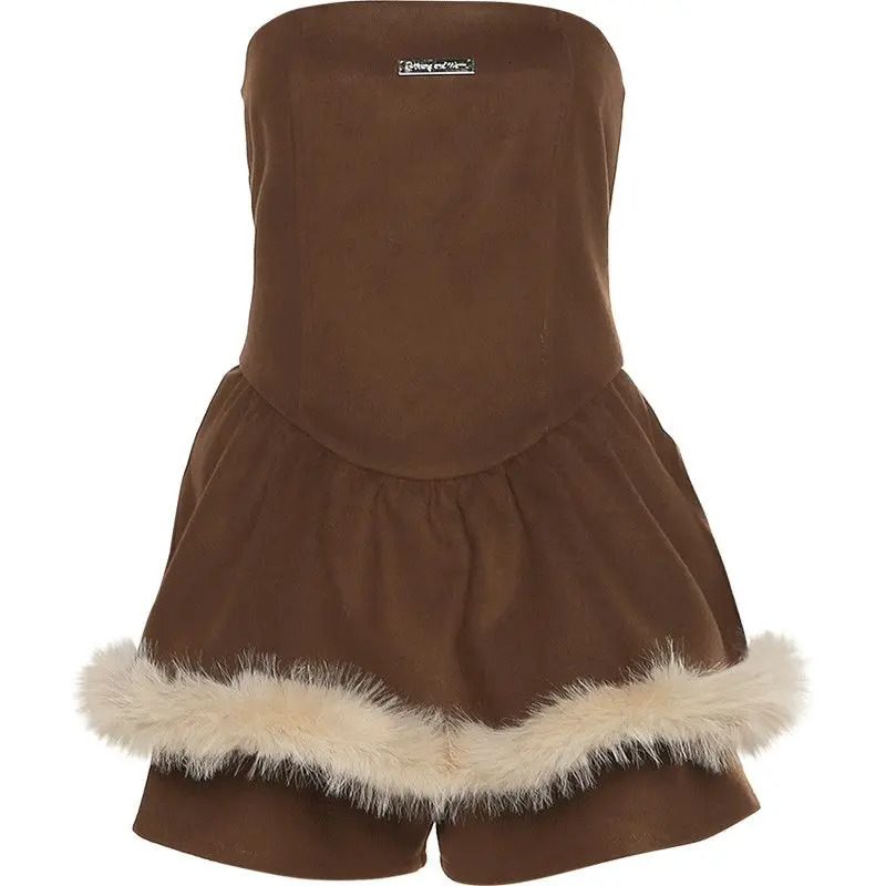 Christmas Party Spicy Girl Atmosphere Holiday Strapless Dress Plush Border Cardigan Long Sleeved Jacket 250930