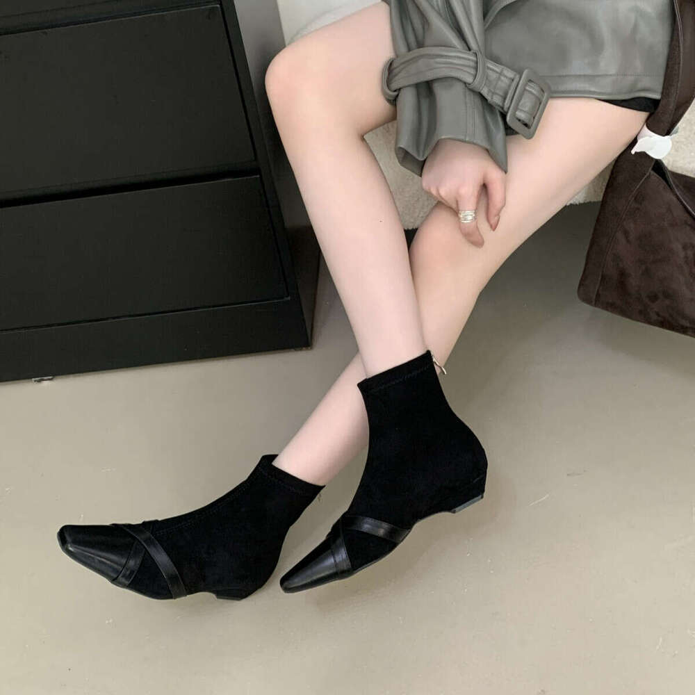 Spliced Square Toe Short for Women 2025 Autumn New Style Back Designer Shoe Zipper Slim Low heel Bare Simple Versatile Fashion Boots