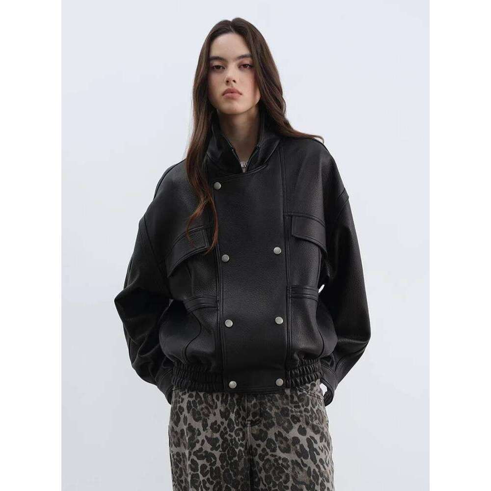 Black Short Genuine Leather Jacket for Women Spring Autumn High-end Simple Zipper Stand Collar Casual Bubble Real Sheepskin Coat