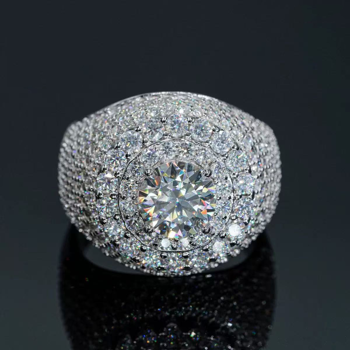 Hip Hop VVS D Color Moissanite Bling Mens Cluster Double Halo Signet Ring With 925 Sterling Silver Pass Diamond Tester GRA A