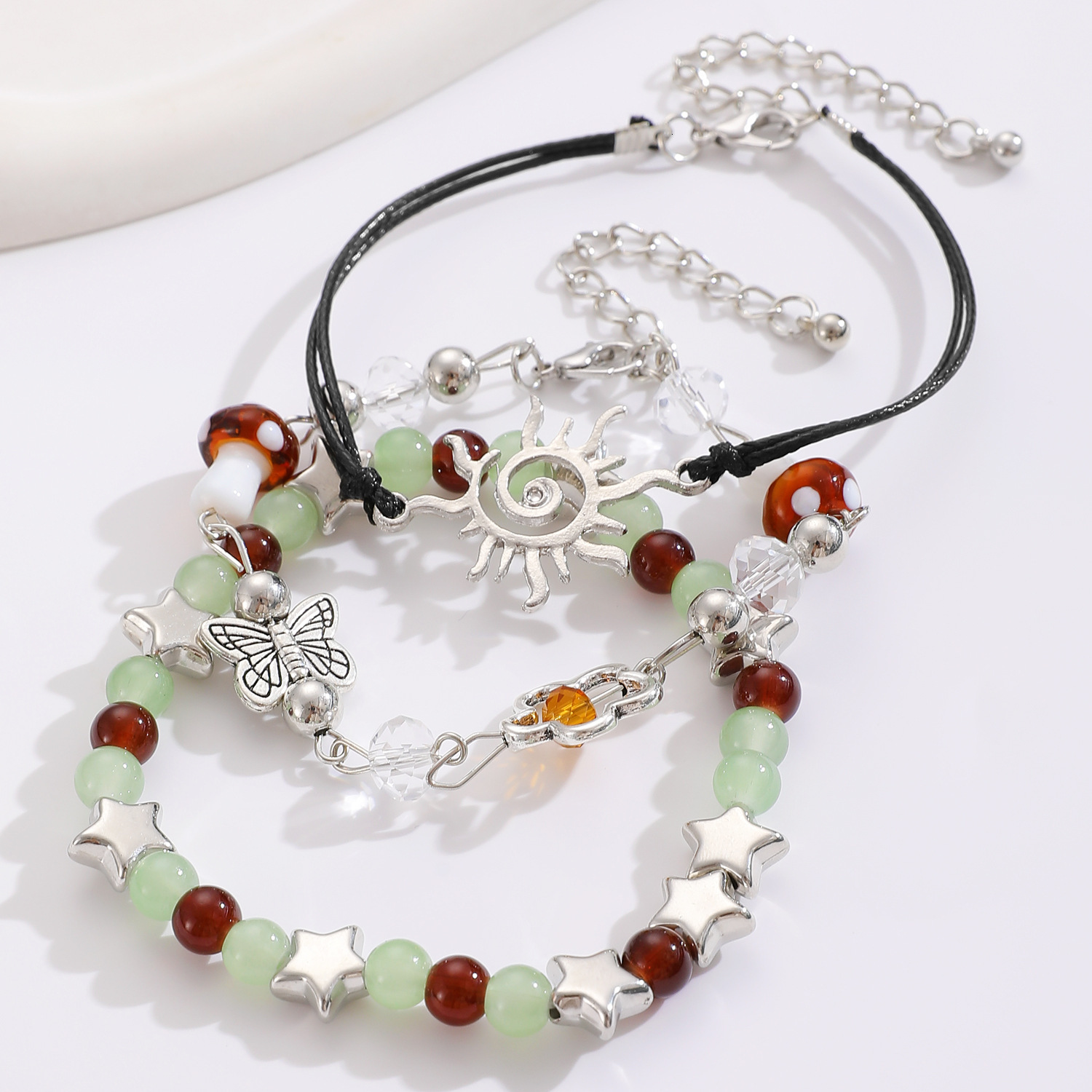 Ethnic Style Sun Butterfly Beaded for Women Colorful Star Mushroom Set Bracelet
