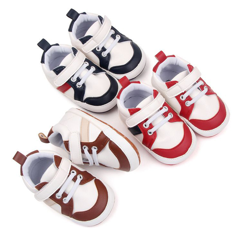 Infant Baby Boys Sneakers Stripe PU Leather Anti-Slip Soft Sole Kidszworld Prewalker Toddler First Walker Shoes 0-18 Months K0472
