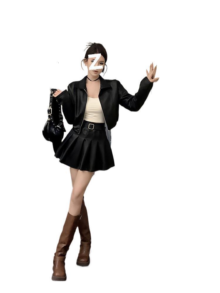 Spicy Girl Short Leather Jacket and Leather Mini Skirt Set for Women Cool and Stylish College Style Black Motorcycle Jacket Full Set 250122