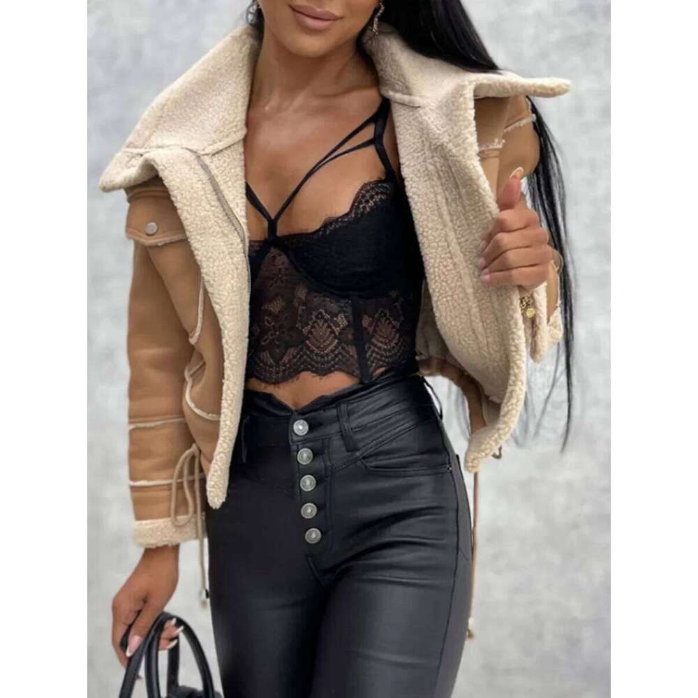 Women Vintage Leather Jacket Faux Fur Open Front Fashion Casual Furry Collar Short Parka Coat Warm Cardigan With Belt
