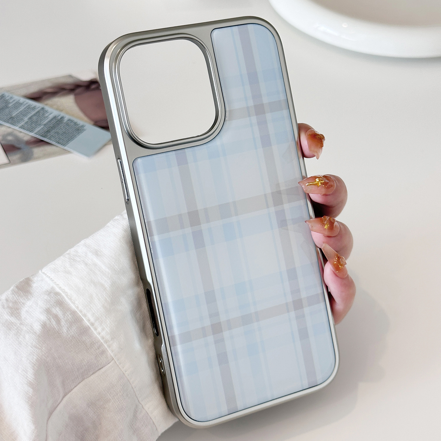 Compatible with iPhone 17 Pro Max Case, Aesthetic Cute Elegant Blue Plaid Pattern Soft TPU Hard Back Shockproof Protective Cover for Women Girls