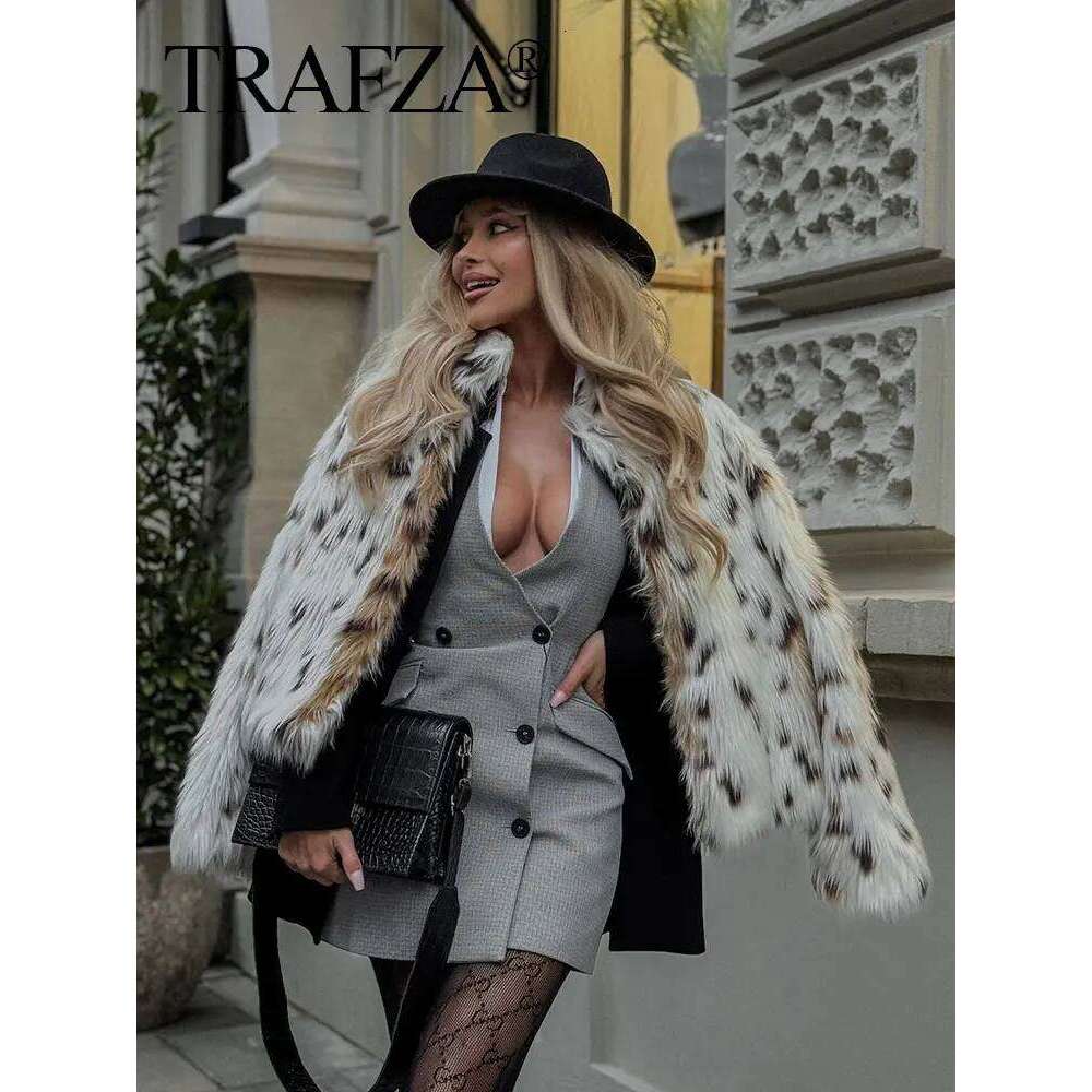HH Autumn Winter Women Fashion Print Faux Fur Coat Casual Loose Long Sleeve Plush Thick Warm Jacket Female Y2k Streetwear