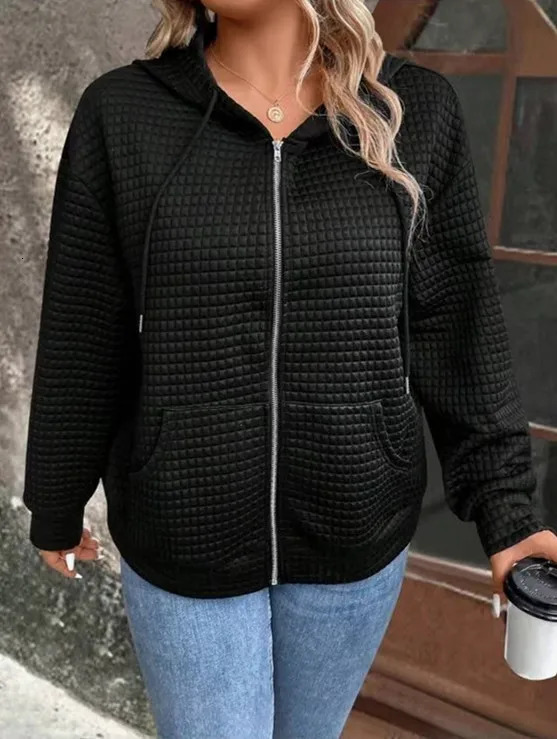 Plus size European and American crossborder autumn casual solid color pocket zipper hooded jacket 250930