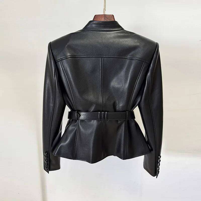 2025 Early Autumn New Fashion Belted Slim Fit Leather Jacket Coat