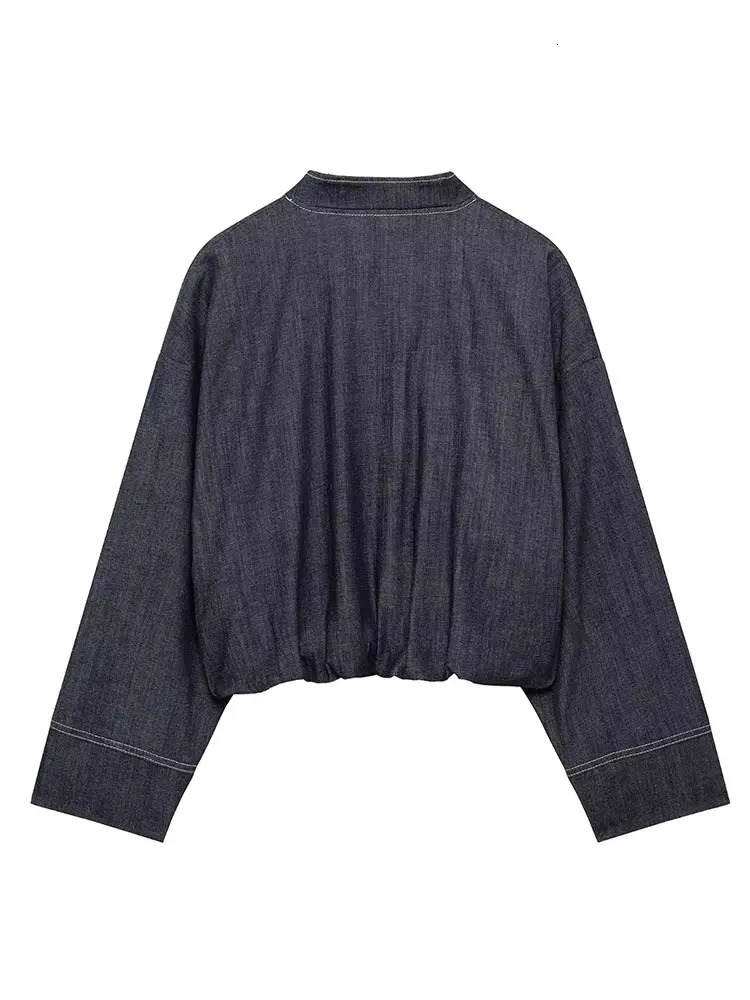 HH Street Fashion Denim Bomber Jacket For Women Solid Color Stand Collar Zipper With Pocket Balloon Style Causal Coats 250930