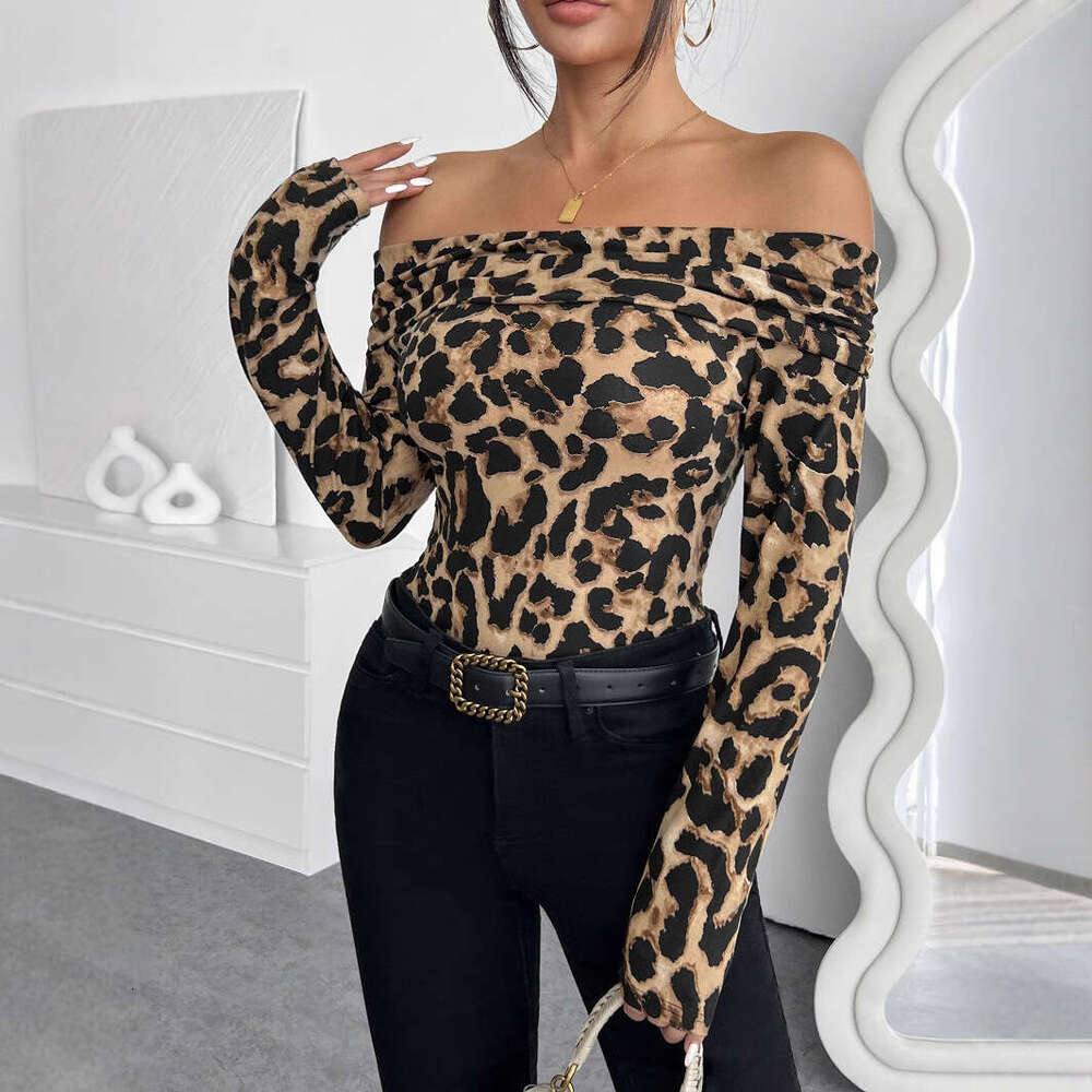 2025 Autumn and Winter New Women's Sexy Leopard Print Off-Shoulder Long Sleeve T-Shirt Top