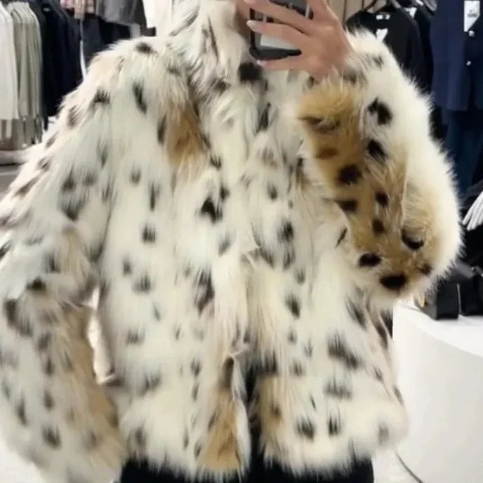 Print Faux Fur Coat Women Long Sleeve Winter Coats Woman in Outerwears for Fluffy Jacket 250930