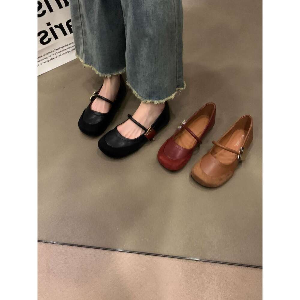 Red Mary Jane for Women 2025 Spring Round Toe Soft Surface One Strap Shallow Mouth Style Single Shoes Loafers French Sweetheart