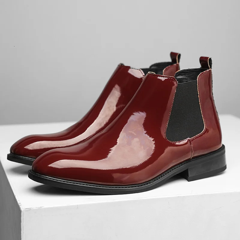Chelsea Boots for Men Patent Leather Black Buckle Ankle Round Toe Business Classic Handmade Men Short Boots Botas De Hombre 250930