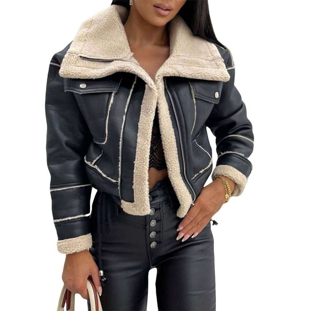 Women Leather Biker Jacket With Faux Fur Trimmed Collar Vintage Moto Coat Warm Winter Outerwear